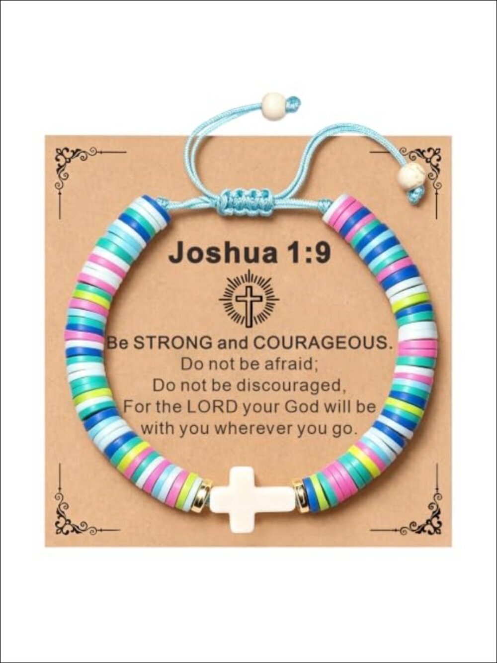 Cross Bracelet Baptism Christian Gift Adjustable Blue Clay Beads
